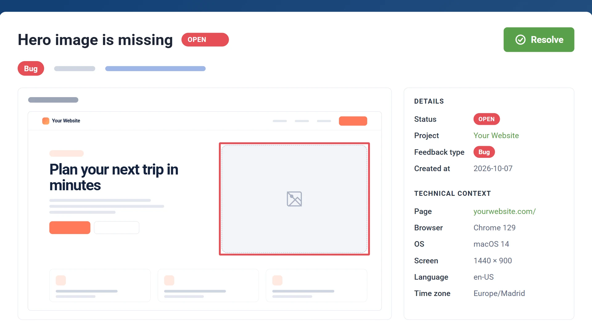 Aviso de feedback con navegador, sistema operativo y resolución