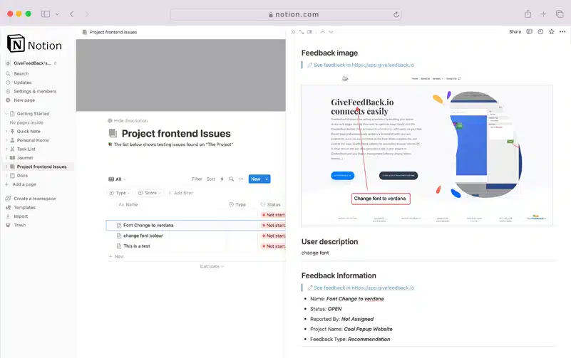 givefeedback.io integrates with notion