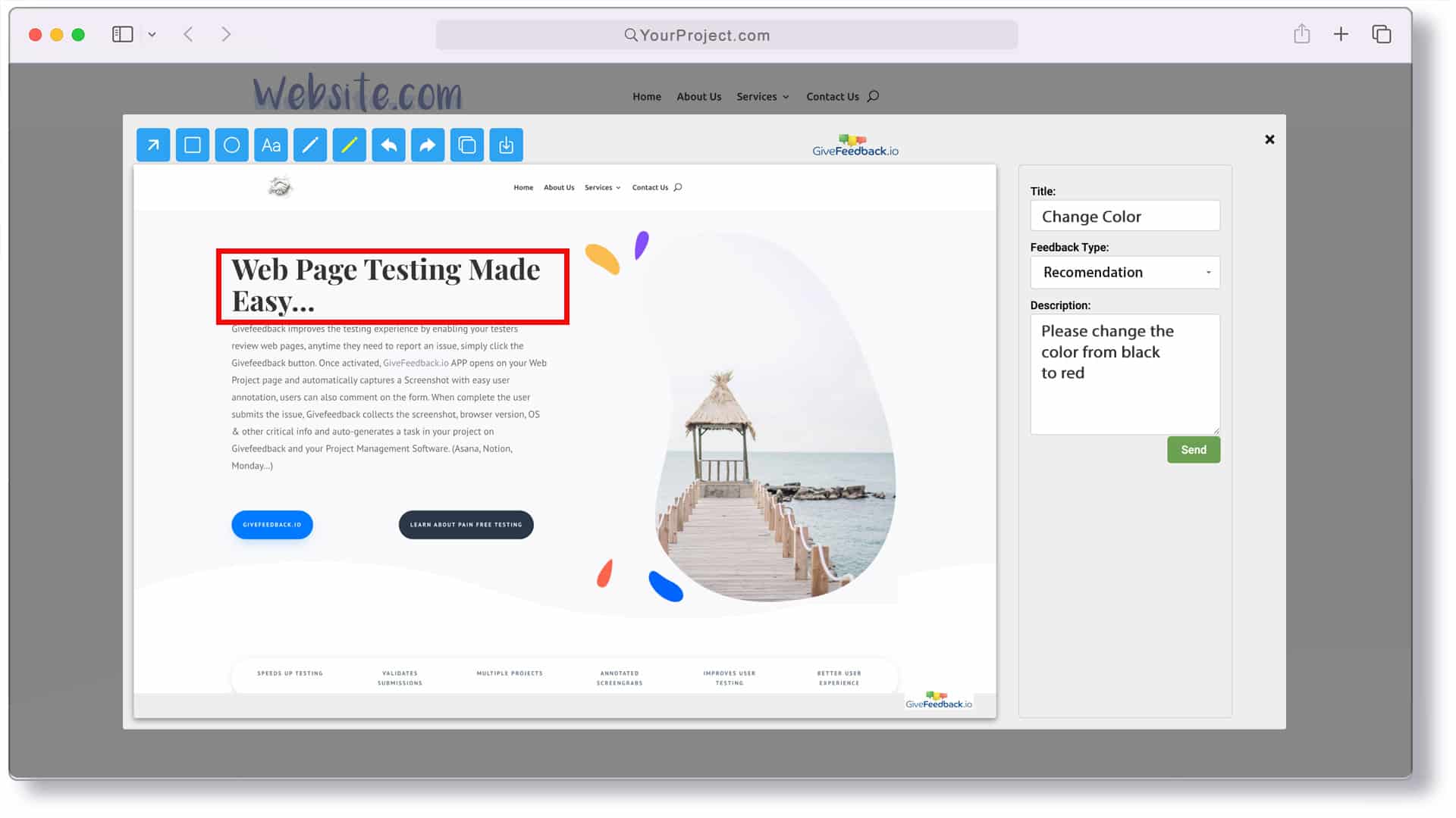 Un cliente dibujando sobre la captura de una página web en el editor de GiveFeedback.io